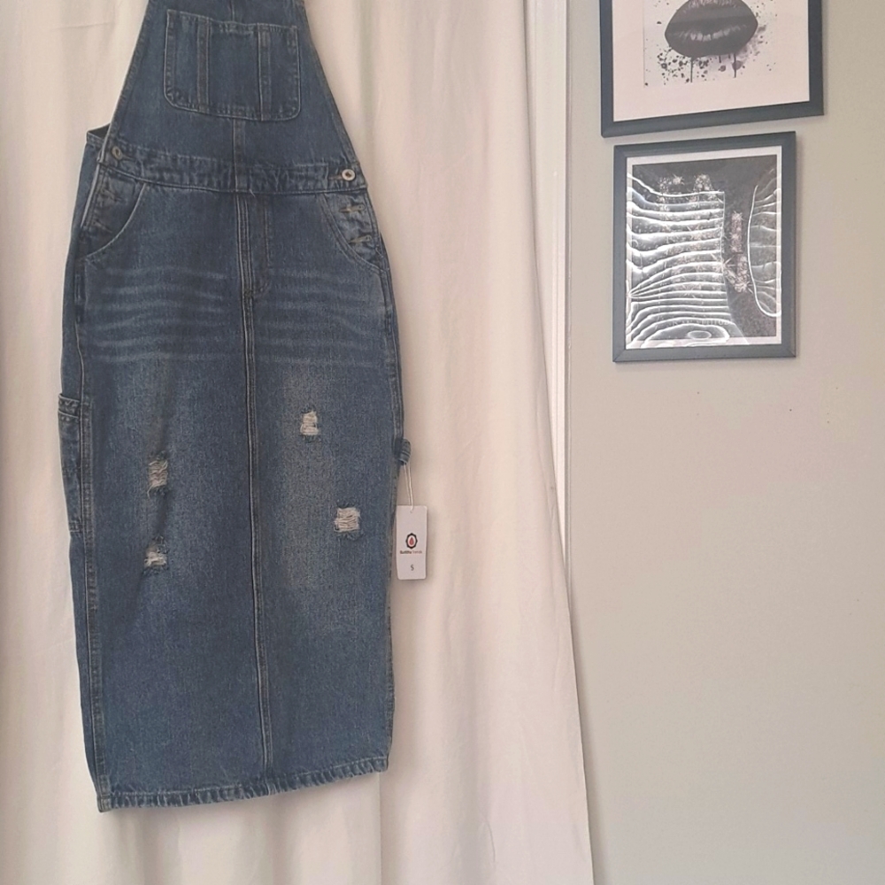 Budda Trends Denim Overall Distressed Midi Dress